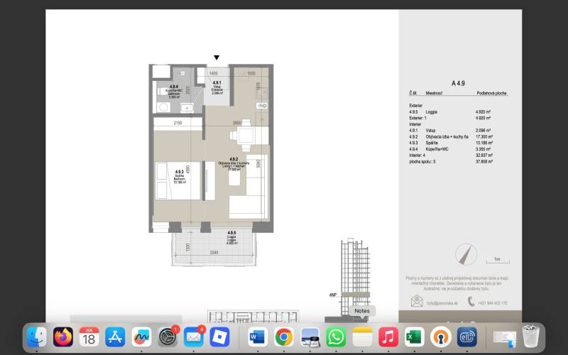 The floor plan of a 2-room apartment with a loggia includes a living room, kitchen, and bedroom.