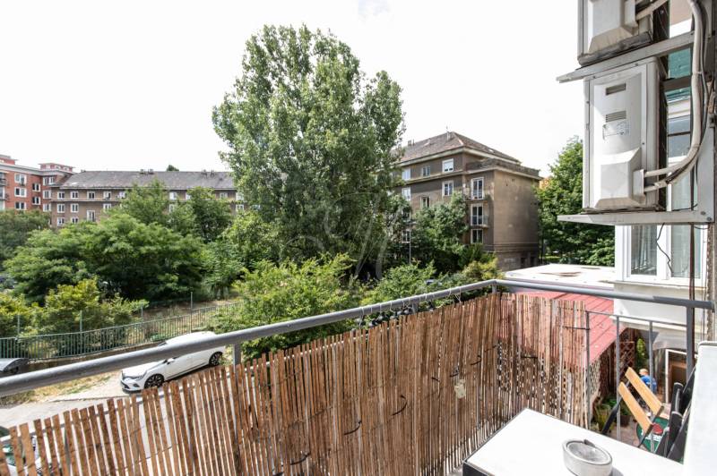 A balcony with greenery and a view of older buildings, 2-room apartment.