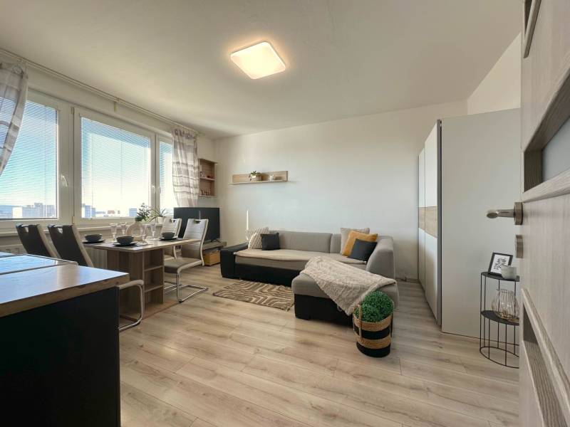 A bright living room in a two-room apartment with a sofa, dining table, and large windows.