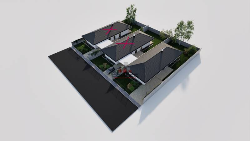 Visualization of three family houses in the village of Veselé on Veselé Street with gardens.