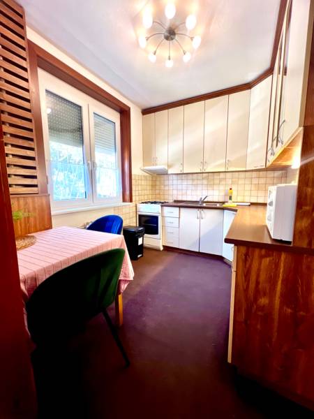 A kitchen in a 2-room apartment with a ceiling light, wooden furniture, and a dining table.