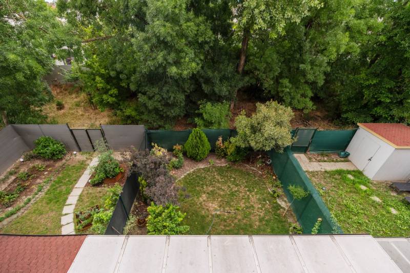 The garden at the house on Agátová Street in Rovinka with various plants.