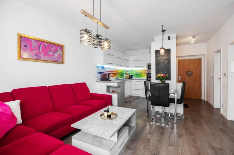 Living area with a red sofa in a 2-room apartment, next to the kitchen and dining table.