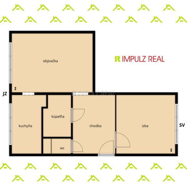 Floor plan of a 2-room apartment with a living room, kitchen, hallway, bathroom, and toilet.