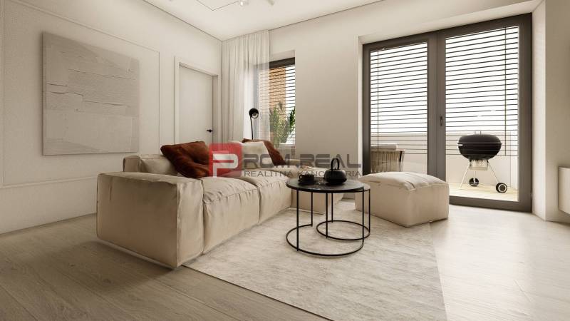 Living room in a 3-room apartment with a comfortable sofa and access to the terrace.