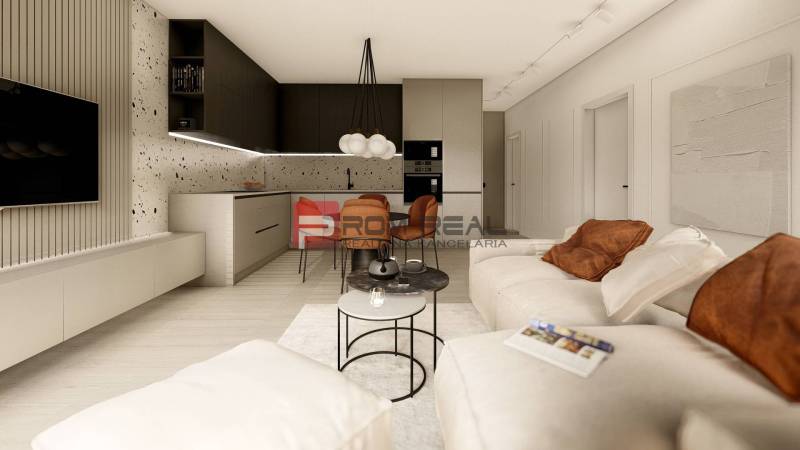 Living room in a 3-room apartment with a kitchenette, comfortable seating, and coffee tables.