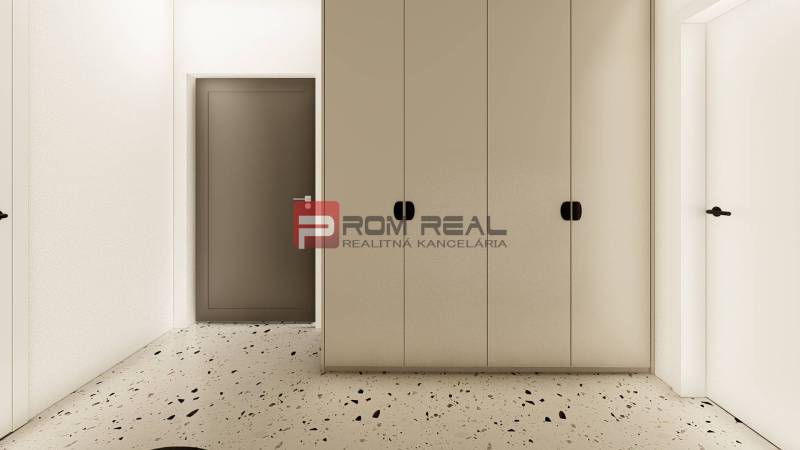 A hallway in a 3-room apartment with storage space and terrazzo flooring.