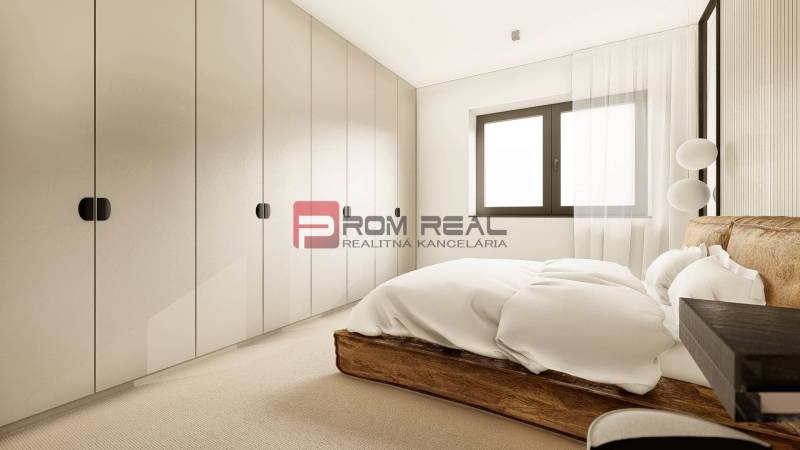 A bedroom in a 3-room apartment with a large wardrobe, a wooden bed, and a window.