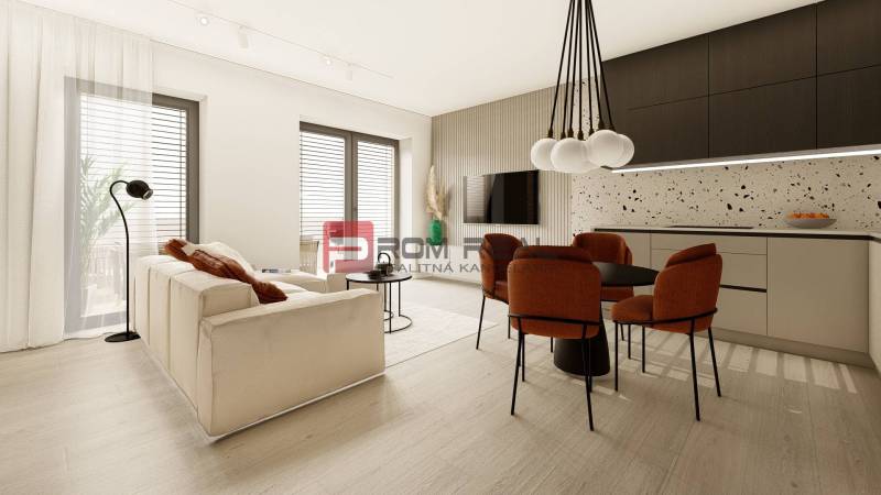 Living room of a 3-room apartment with a sofa, dining table, and kitchen unit.