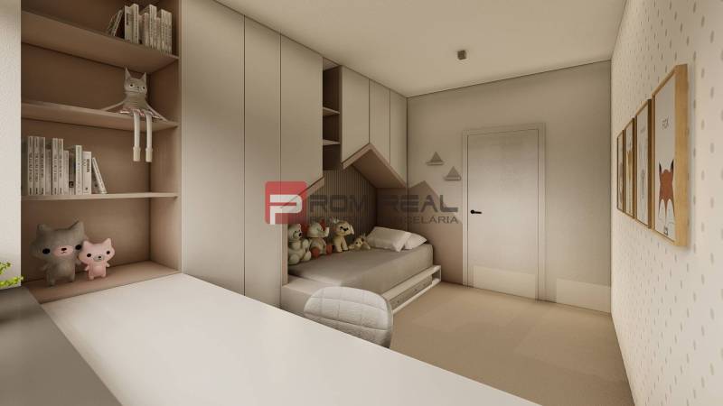 Children's room in a three-room apartment with a bed, shelves, and toys.