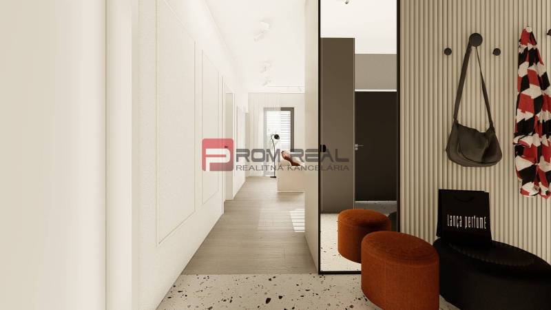 A hallway with a terrazzo floor, orange poufs in a 3-room apartment, light and minimalist design.