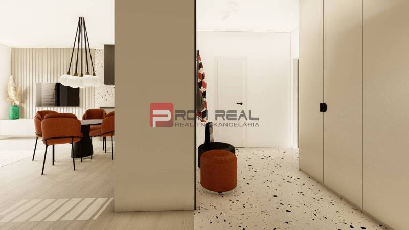 Dining area with red chairs and modern lighting in a 3-room apartment.