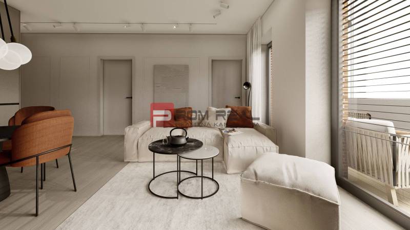 A bright living space in a 3-room apartment with a comfortable sofa and a coffee table.