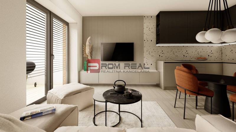 Living room with a sofa, dining table, and TV in a 3-room apartment.