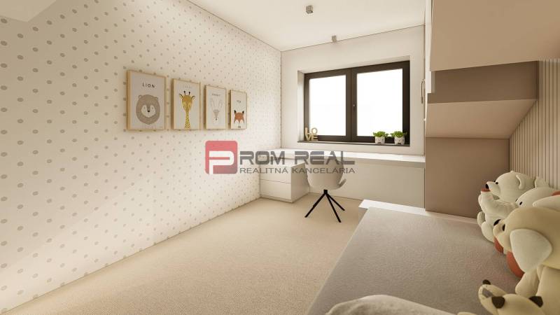 Children's room in a 3-room apartment with white walls, decorations, and a desk.