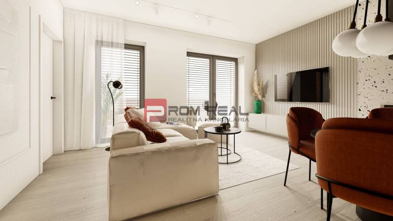 A bright living room in a 3-room apartment with comfortable seating and a TV on the wall.