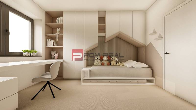 Children's room in a 3-room apartment with light furniture and decorations for kids.