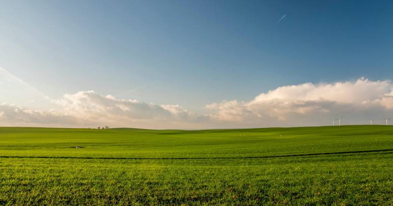 Green agricultural and forest lands around Sokoľ with wind turbines on the horizon.