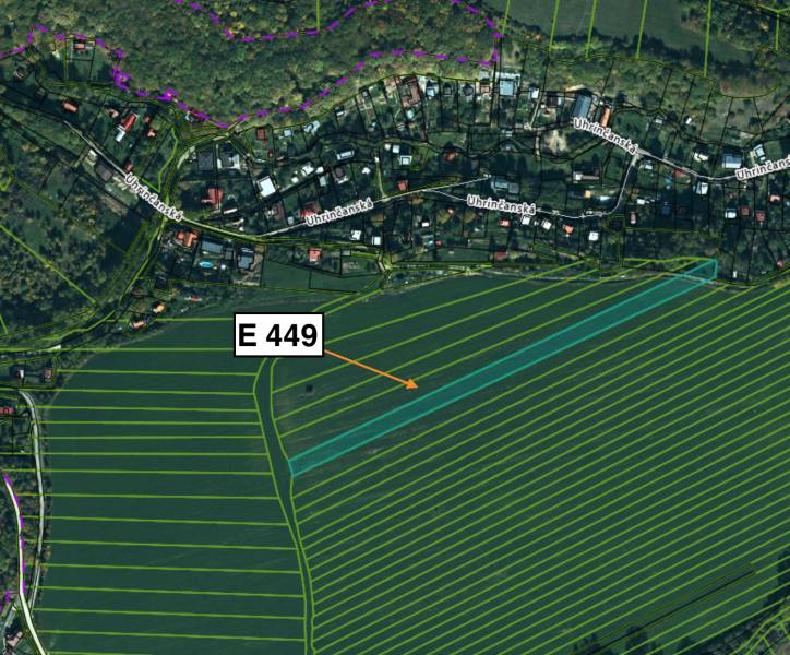 Aerial view of agricultural and forest land in the village of Sokoľ with parcel E 449.