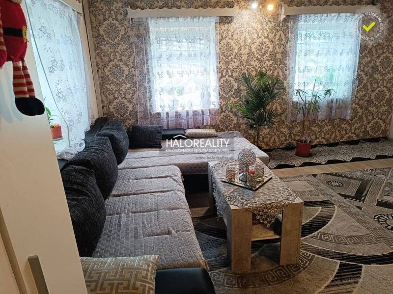 Living room in a family house with a large sofa and a patterned carpet.