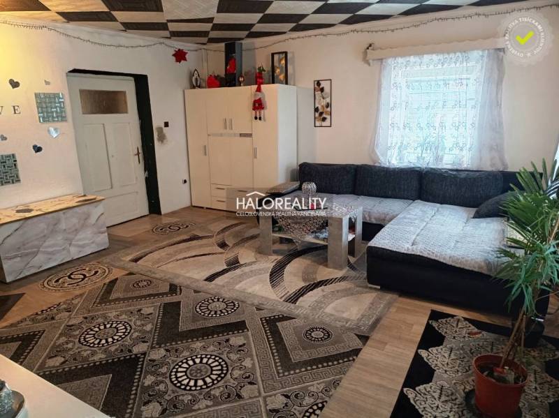 Interior of a family house with decorative paneling, a tiled stove, houseplants, and a patterned carpet.