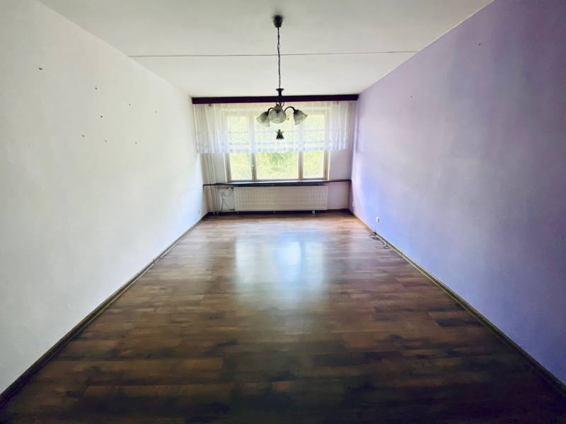 Living room in a 4-room apartment with wooden flooring and a large window.