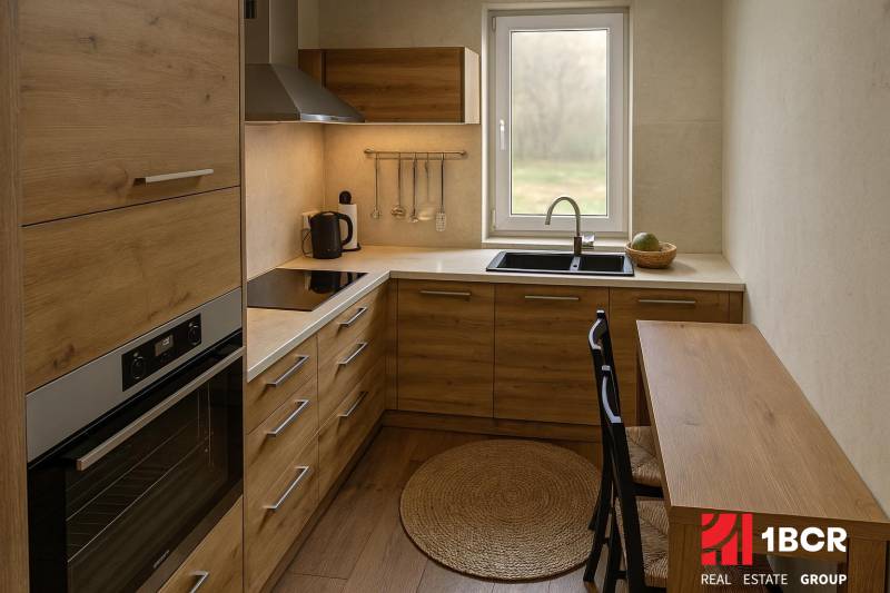 A kitchen in a family house with wooden furniture and a window, complemented by appliances and a sink.