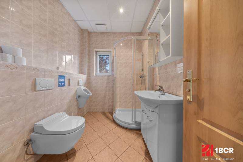 Bathroom in a family house with a toilet, shower, and sink.
