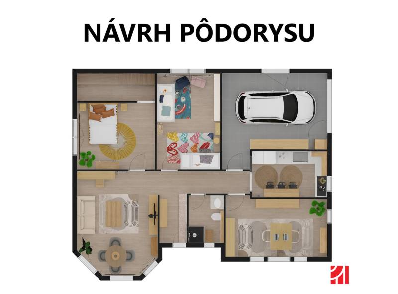The floor plan of the family house shows rooms, a kitchen, a dining room, and a garage space.