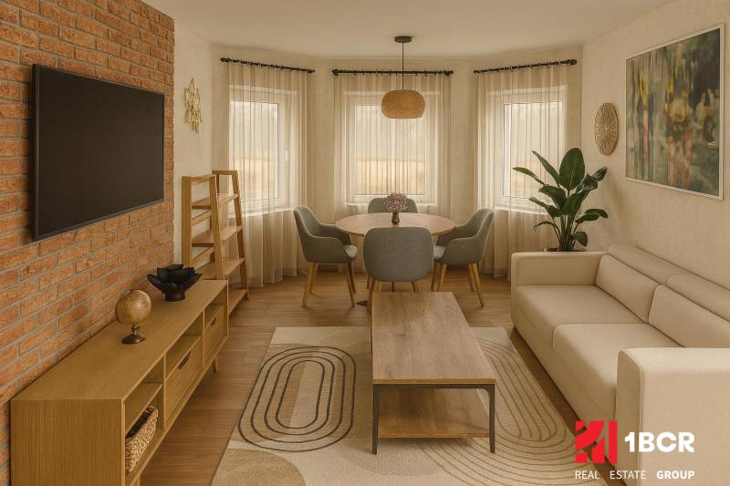 Living room of a family house with a television, sofa, dining table, and decoration.