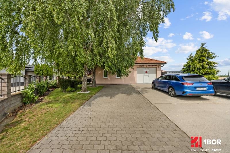A family house on Kaštieľska Street in Veľký Biel surrounded by greenery and a parking lot.