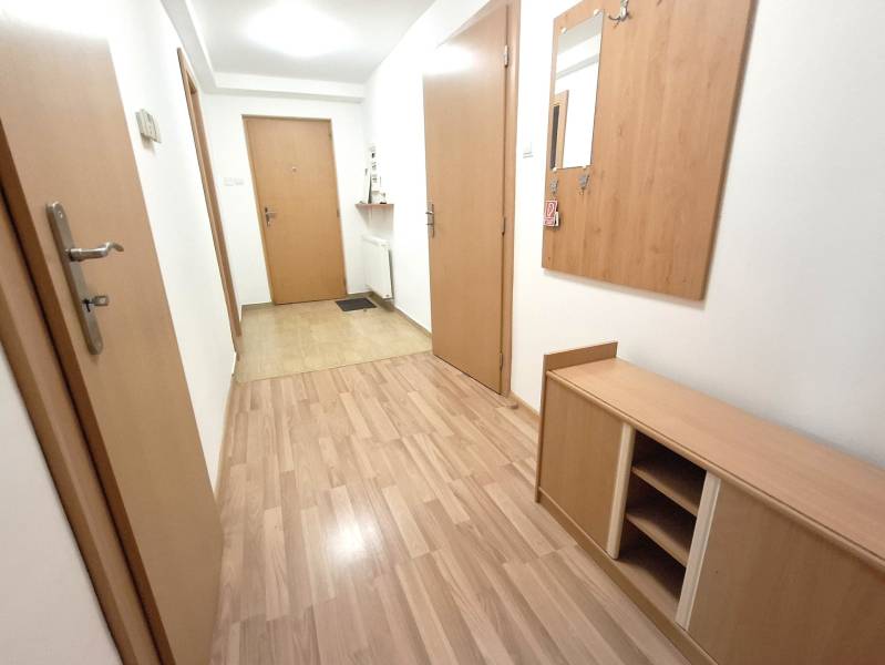 Hallway of a 4-room apartment with built-in cabinets and a mirror, light wooden paneling.