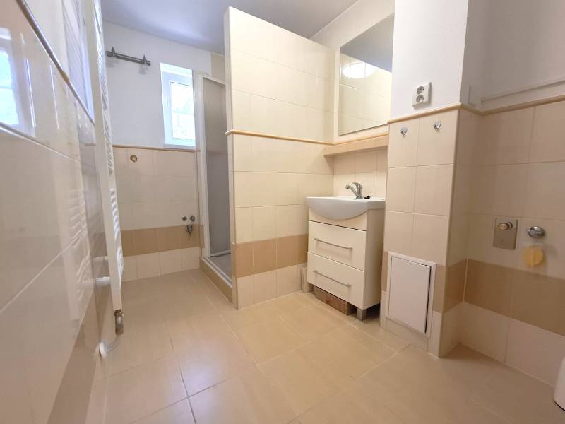 A bathroom with a sink, shower, and window in a 4-room apartment.
