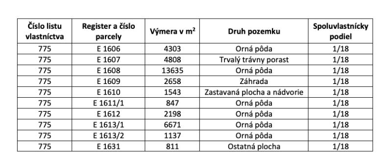 Land ownership table in the municipality, divided by plots and shares.