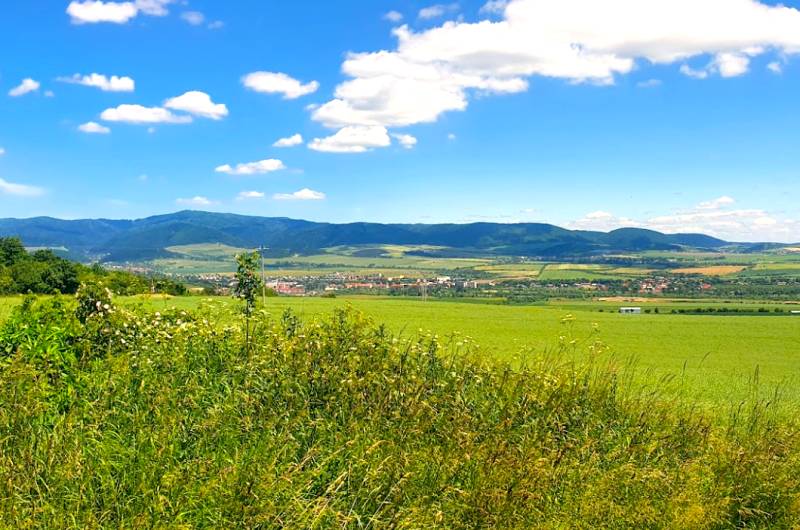 A view of agricultural and forest lands near Ražňany with mountains on the horizon.