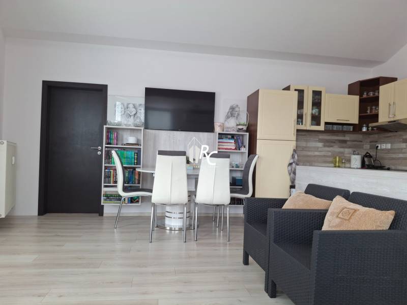 Living room in a 4-room apartment with a kitchenette and dining table.