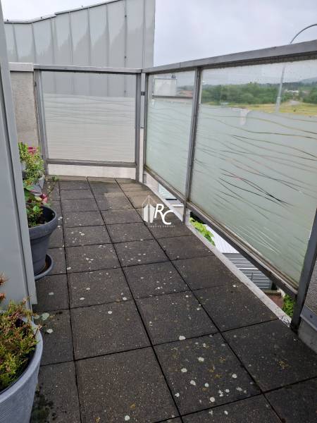 A small balcony in a 4-room apartment with flower pots and a matte railing.