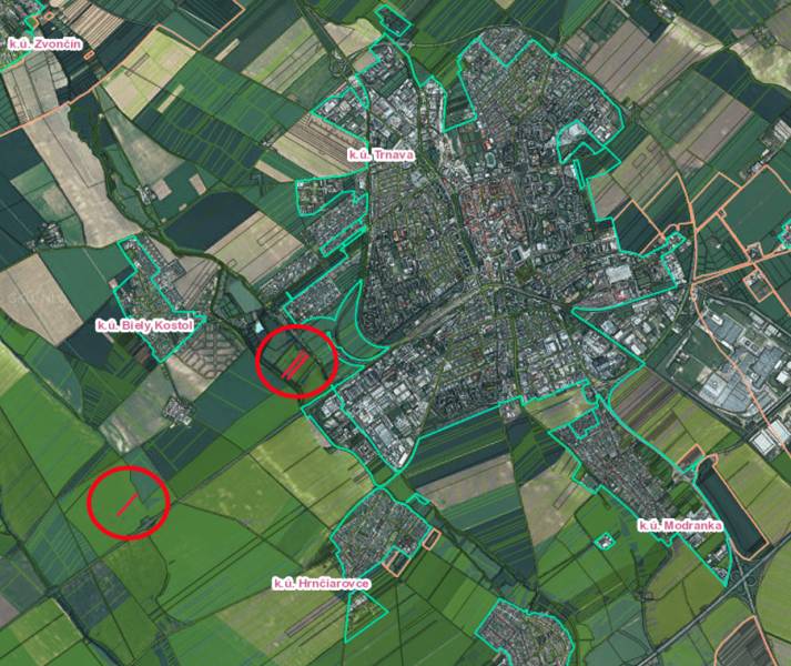 Aerial view of agricultural and forest land in the area of Hrnčiarovce nad Parnou.