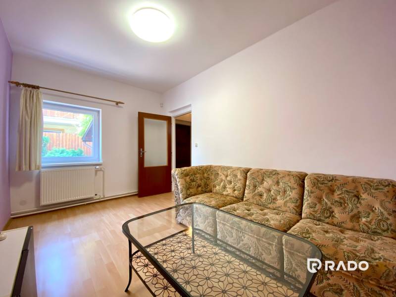 Living room in a two-room apartment with a floral sofa and a glass table.