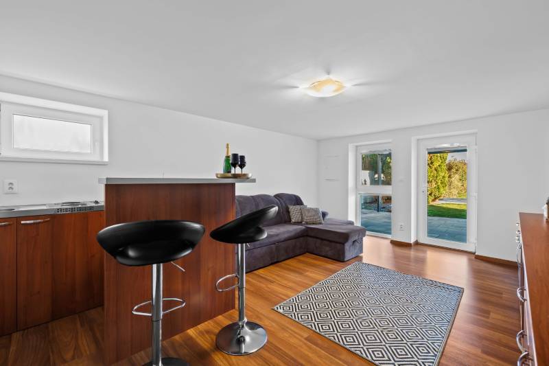Living room on Pluhová street, family house, bright with a bar counter and a sofa bed.