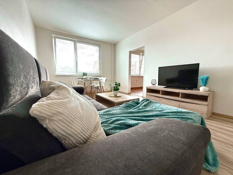 Living room in a three-room apartment with a sofa, table, and television.