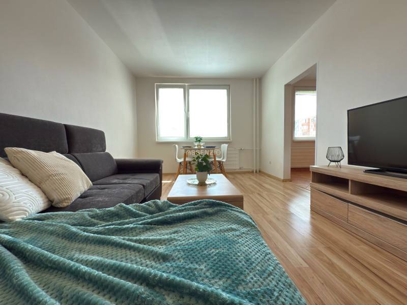 Living room with a gray sofa, television, and wooden floor in a three-room apartment.