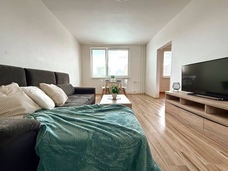 Living room in a three-room apartment, with a sofa and a television, light wooden floors.