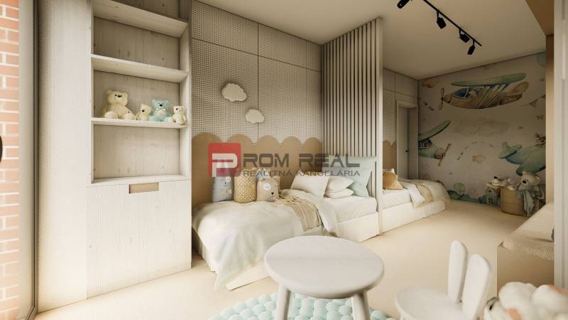 Children's room in a 4-room apartment with plush bears and an aviation wallpaper.
