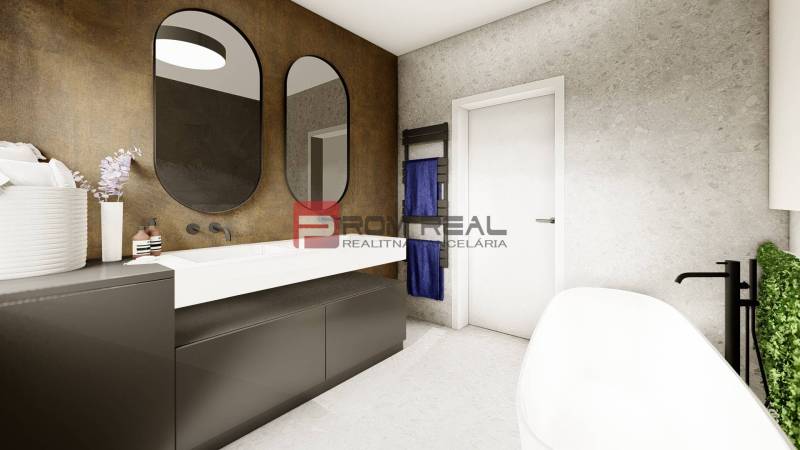 A bathroom with a bathtub, a sink, two mirrors, and decorative accessories in a 4-room apartment.