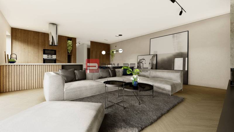 Living room in a 4-room apartment with a kitchen and a comfortable sofa.