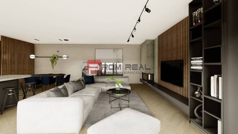 Living room in a 4-room apartment with a comfortable sofa and a dining table.