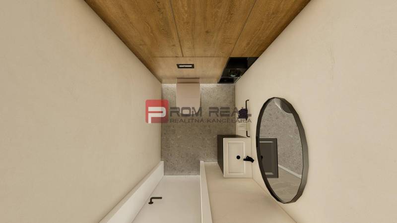 A bathroom in a 4-room apartment with a wooden ceiling, a sink, and a round mirror.