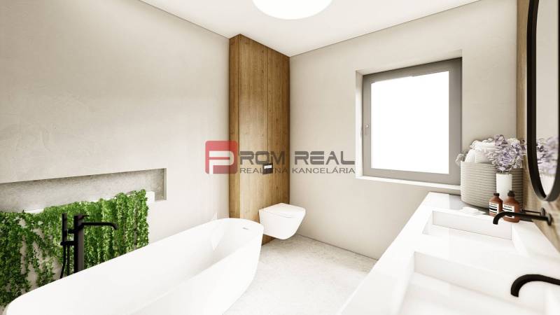 Bathroom with a shower and a sink in a 4-room apartment, decorative elements with plants.