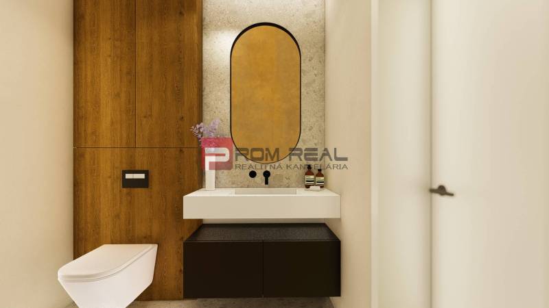 Bathroom in a 4-room apartment: wall mirror, sink, wooden paneling, decorations.